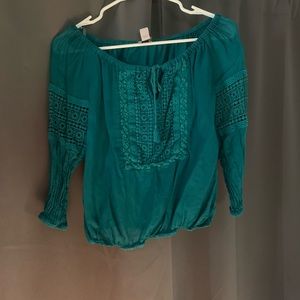 Teal off-shoulder tie front shirt